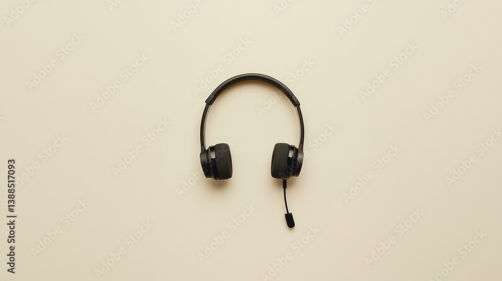 Poster top view of computer headset on neutral background with microphone arm extended, tech communication 