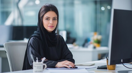 Attractive middle eastern businesswoman woman posing at her work place sitting at her desk using a computer	
