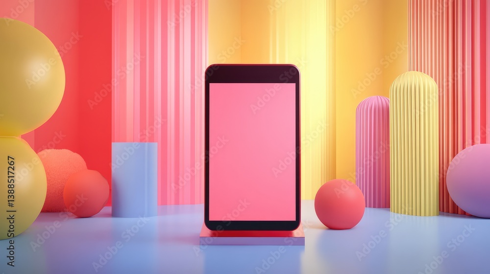 Poster touchscreen photo booth interface with blank screen and colorful background, party tech concept