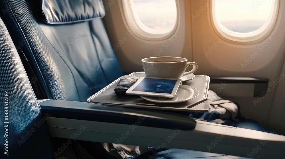 Poster touchscreen tablet on airplane tray table during flight, travel tech concept with open copy space