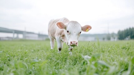 Fototapeta premium A curious calf walking through lush green field, overcast day with soft lighting, rural countryside setting, and peaceful and serene atmosphere.