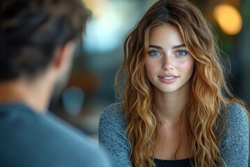 A young woman in conversation with a psychologist in a comforting and supportive setting. Both individuals are engaged and attentive.
