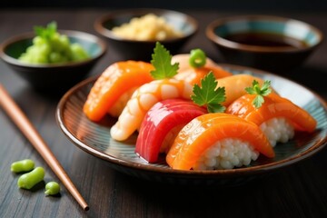 Colorful sushi platter, ginger, wasabi, soy sauce , nigiri, asian