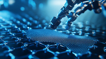 Mechanical arms manufacturing ultra thin graphene sheets in a nanotechnology lab, robotic precision handling advanced carbon materials, Advanced materials science style