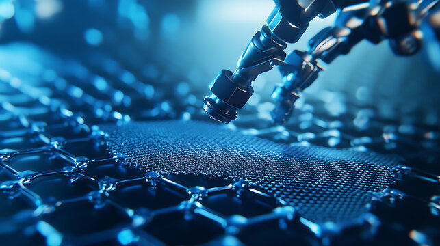 Mechanical arms manufacturing ultra thin graphene sheets in a nanotechnology lab, robotic precision handling advanced carbon materials, Advanced materials science style
