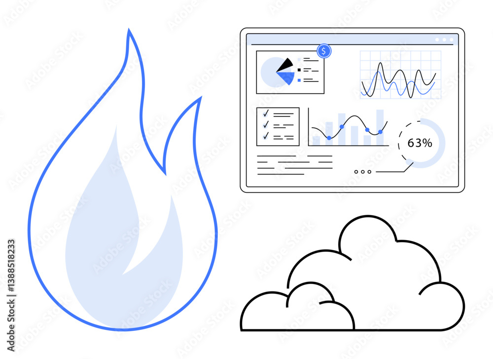Poster flame symbol, data dashboard with graphs and charts, and cloud icon representing analytics, progress