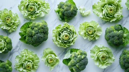 Minimalist arrangement of perfectly trimmed broccoli heads, geometric patterns of spiral florets clearly visible, rich jade and forest green color variations, clean white marble counter surface,