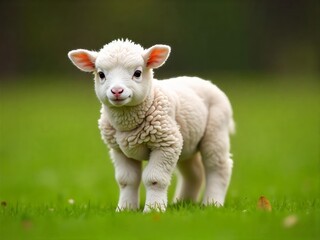 Fototapeta premium Standing Lamb on Green Grass a Peaceful and Serene Countryside Scene