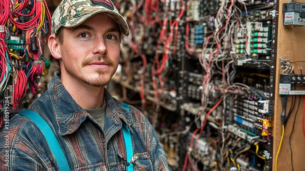 Poster technician in datacenter with wiring and servers generative ai