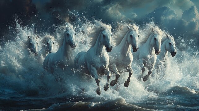 Majestic White Horses Galloping Through Crashing Waves Under Stormy Skies