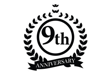 9th anniversary icon with laurel wreath and number, vector illustration.