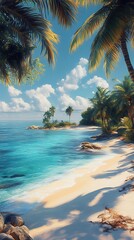 Tropical Beach with Palm Trees, Clear Water, and Blue Sky

