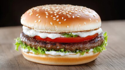 Classic burger on a wooden surface