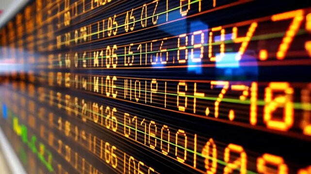 Stock market data scrolling screen with rising numbers, financial analytics concept