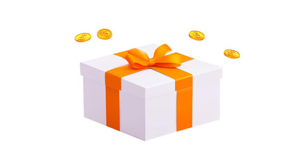 3D Illustration Of White Gift Box With Orange Ribbon And Gold Coins Isolated
