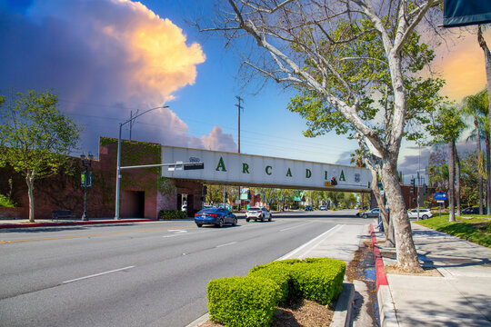 The Arcadia Bridge Sign with lush green trees in Arcadia California USA