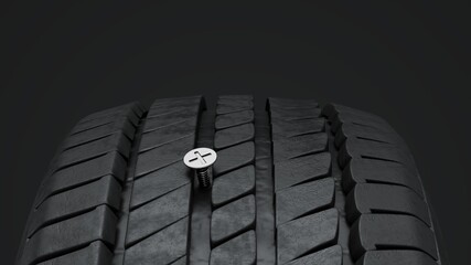 3D Render of a nail or screw lodged in a car tire. Ideal for concepts related to safety, maintenance, or roadside emergencies.