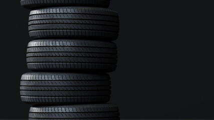 Close-up 3D Render of stacked car tires arranged in layers. Ideal for automotive industry, tire storage, or service center visuals.