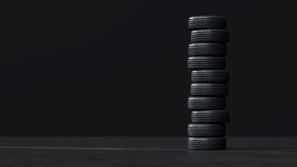 Close-up 3D Render of stacked car tires arranged in layers. Ideal for automotive industry, tire storage, or service center visuals.
