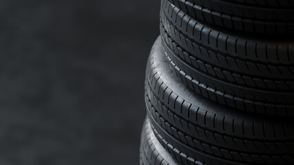 Close-up 3D Render of stacked car tires arranged in layers. Ideal for automotive industry, tire storage, or service center visuals.