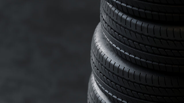 Close-up 3D Render of stacked car tires arranged in layers. Ideal for automotive industry, tire storage, or service center visuals.