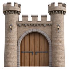 Medieval Stone Castle Entrance With Wooden Doors And Towers