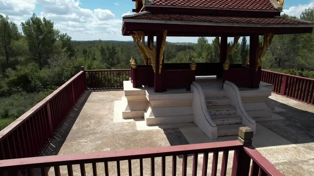 Aerial Panning Shot Of Famous Buddhist Temple , Ben Shemen Forest, Israel