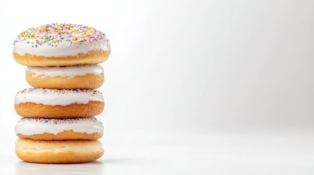 Four delicious glazed donuts stacked on top of each other against a clean white background, and showcasing a simple and appetizing dessert display.