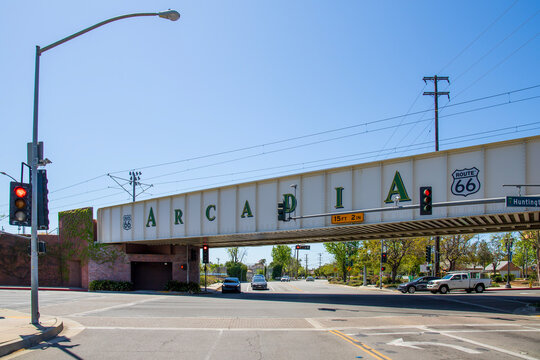 The Arcadia Bridge Sign with lush green trees in Arcadia California USA
