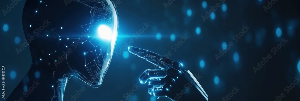 Poster man interacts with advanced ai technology in a futuristic setting to generate creative responses thr