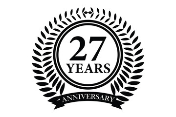 27 years anniversary icon with laurel wreath and number, vector illustration.