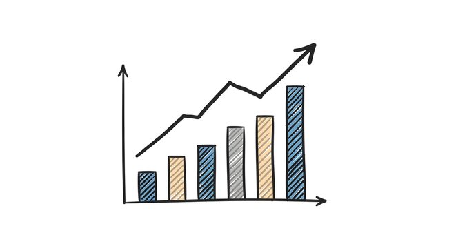 Hand drawn bar graph with an upward trending arrow on a white background illustration style