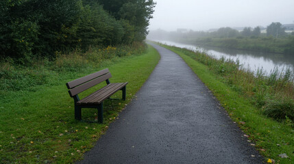 Fototapeta premium serene riverside trail enveloped in early morning mist, featuring solitary bench along path. atmosphere is calm and peaceful