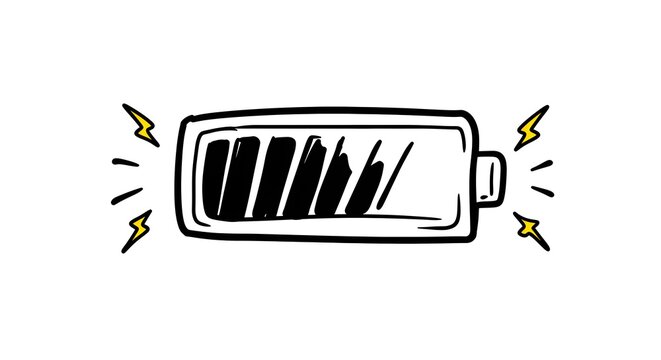 Hand drawn battery icon with charge level indicator and lightning bolts on a white background