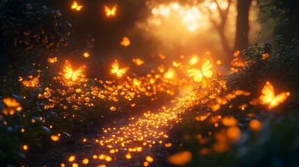 Naklejka premium Enchanting Golden Butterflies in a Magical Forest at Sunset