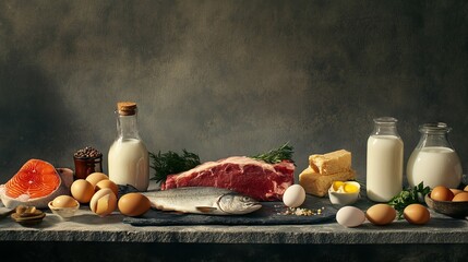 Fototapeta premium gourmet protein ingredients displayed on stone surface, fresh cuts of meat, fish steaks, organic eggs, fresh milk, commercial food styling, diffused lighting
