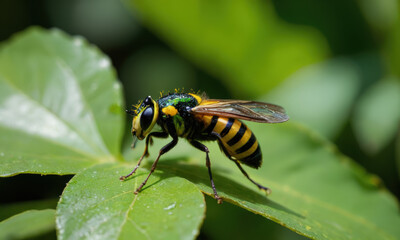 vibrant insect perched on green leaf, showcasing striking yellow and black stripes, with iridescent green accents