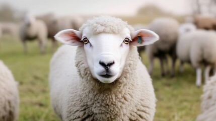 Fototapeta premium A fluffy white sheep stares directly at the camera. Other sheep blur in the background, creating depth of field. The image is sharp and well-lit, likely taken outdoors in natural light. Its style is