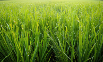 Obraz premium Lush green rice plants sway gently in breeze, showcasing their vibrant growth and healthy appearance
