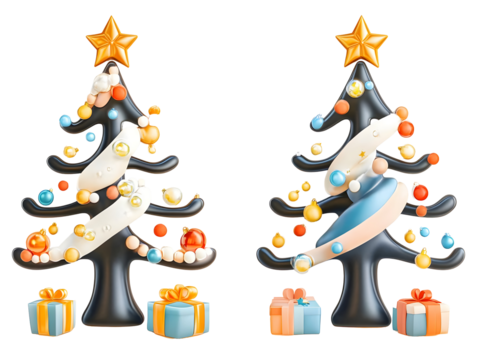 3D Rendered Christmas Trees With Ornaments Gifts Isolated On Transparent Background