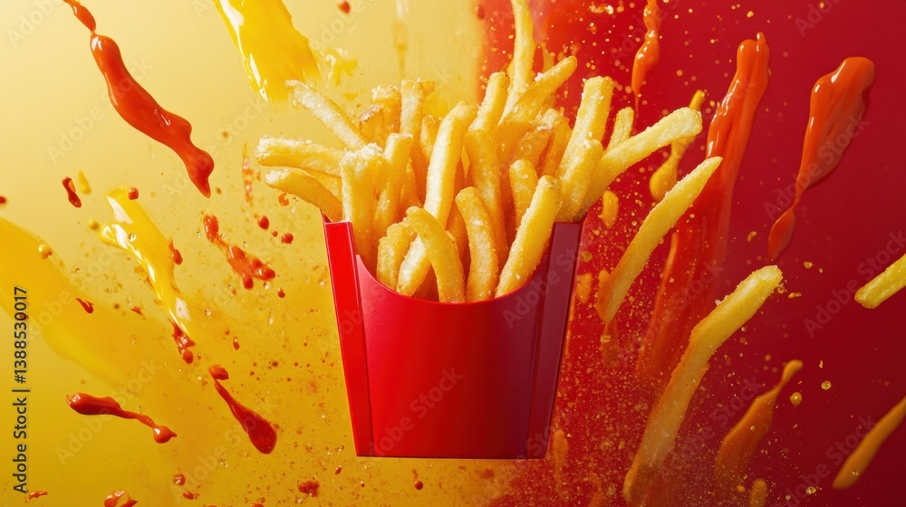 Poster vibrant composition of crispy golden french fries in classic red container with colorful splash back
