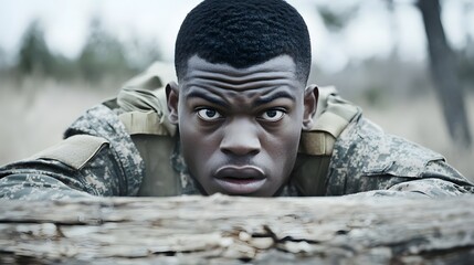 Focused Soldier Low Crawl Military Training Obstacle Course