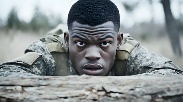 Focused Soldier Low Crawl Military Training Obstacle Course