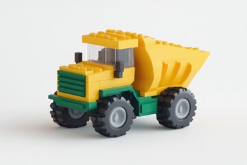 Obraz premium Bright yellow dump truck toy. Detailed construction vehicle. Ideal for play and construction