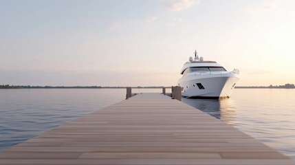 Luxurious yacht docked at a tranquil pier.  Sunrise over the water