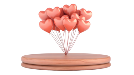 3D Render of Pink Heart Balloons Floating Above Wooden Podium On Transparent Background