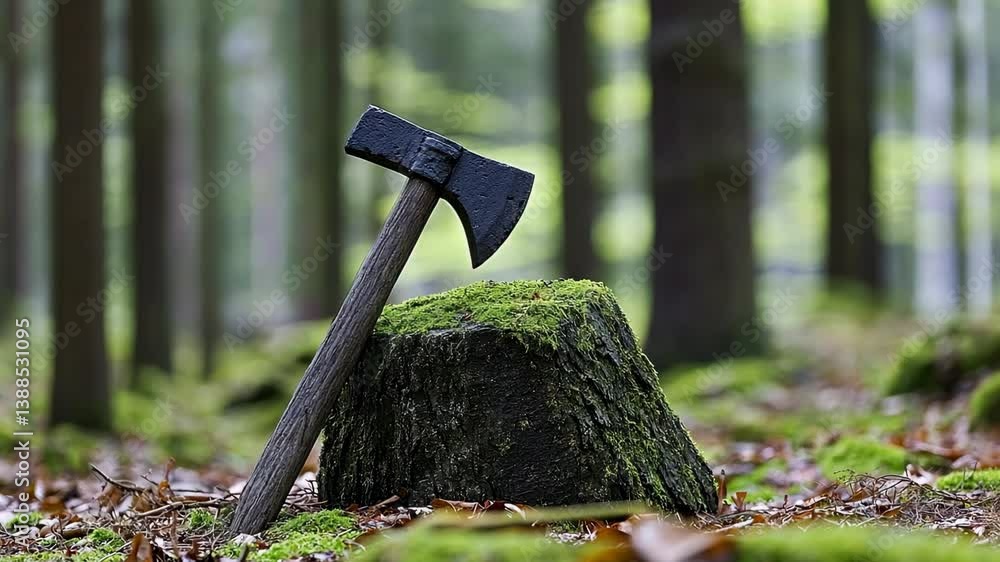 Poster mossy stump with an axe resting in a serene forest setting during daylight