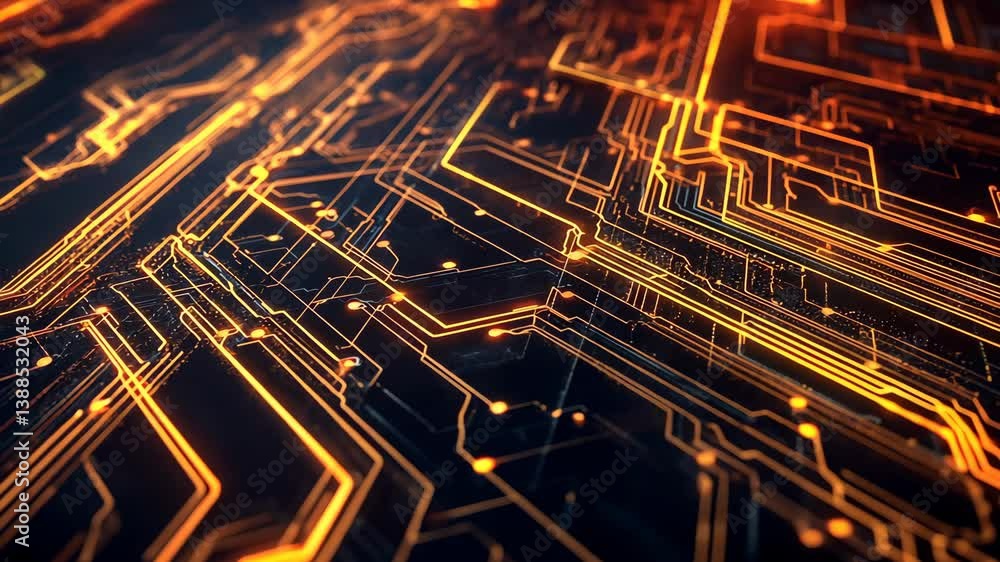 Aufkleber close-up view of intricate circuit board patterns illuminated with warm orange light