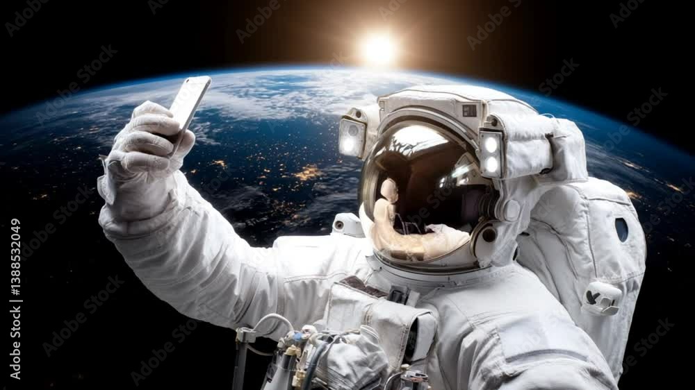 Poster astronaut takes a selfie in space with a cellphone generative ai