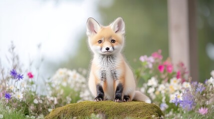 Adorable baby fox amidst wildflowers